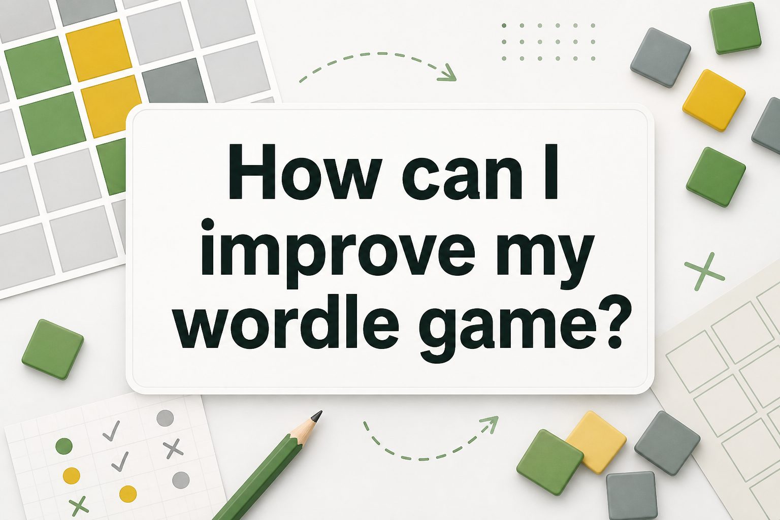 Wordle-style letter tiles spelling strategy with green, yellow, and gray clues